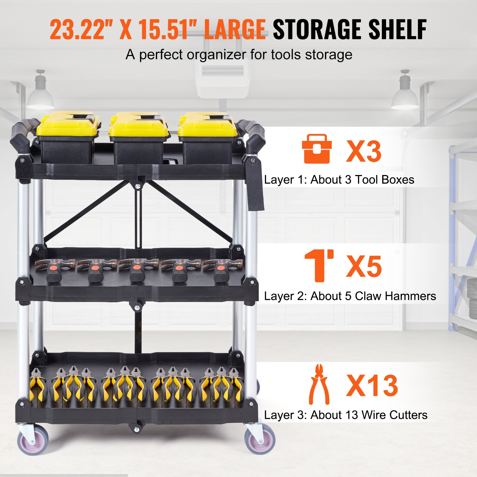 VEVOR Foldable Utility Service Cart, 3 Shelf 74.8 kg Heavy Duty Plastic Rolling Cart with Lockable Wheels, Ergonomic Handle, Portable Garage Tool Cart for Warehouse/Office/Home(65.1x39.2x83.2 cm)