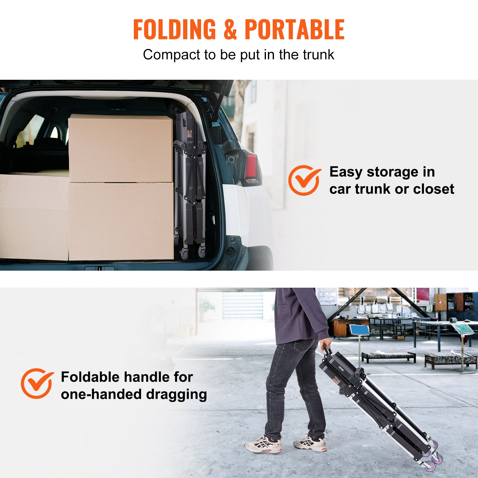 VEVOR Foldable Utility Service Cart, 3 Shelf 74.8 kg Heavy Duty Plastic Rolling Cart with Lockable Wheels, Ergonomic Handle, Portable Garage Tool Cart for Warehouse/Office/Home(65.1x39.2x83.2 cm)