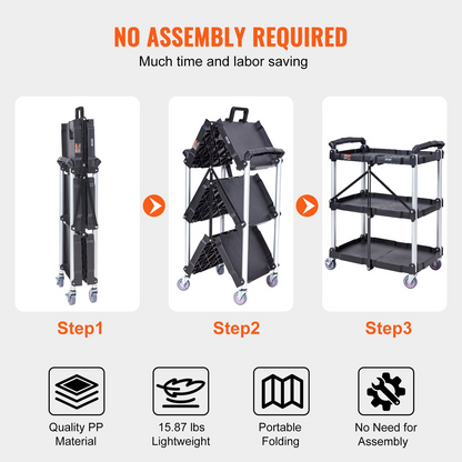 VEVOR Foldable Utility Service Cart, 3 Shelf 74.8 kg Heavy Duty Plastic Rolling Cart with Lockable Wheels, Ergonomic Handle, Portable Garage Tool Cart for Warehouse/Office/Home(65.1x39.2x83.2 cm)