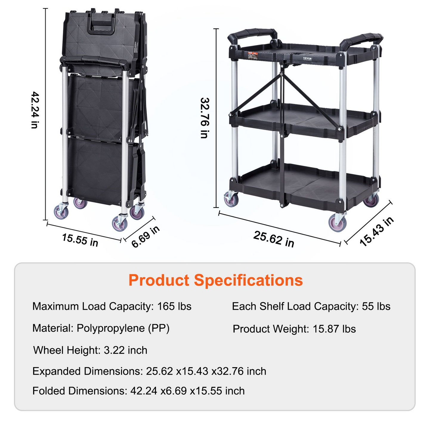 VEVOR Foldable Utility Service Cart, 3 Shelf 74.8 kg Heavy Duty Plastic Rolling Cart with Lockable Wheels, Ergonomic Handle, Portable Garage Tool Cart for Warehouse/Office/Home(65.1x39.2x83.2 cm)