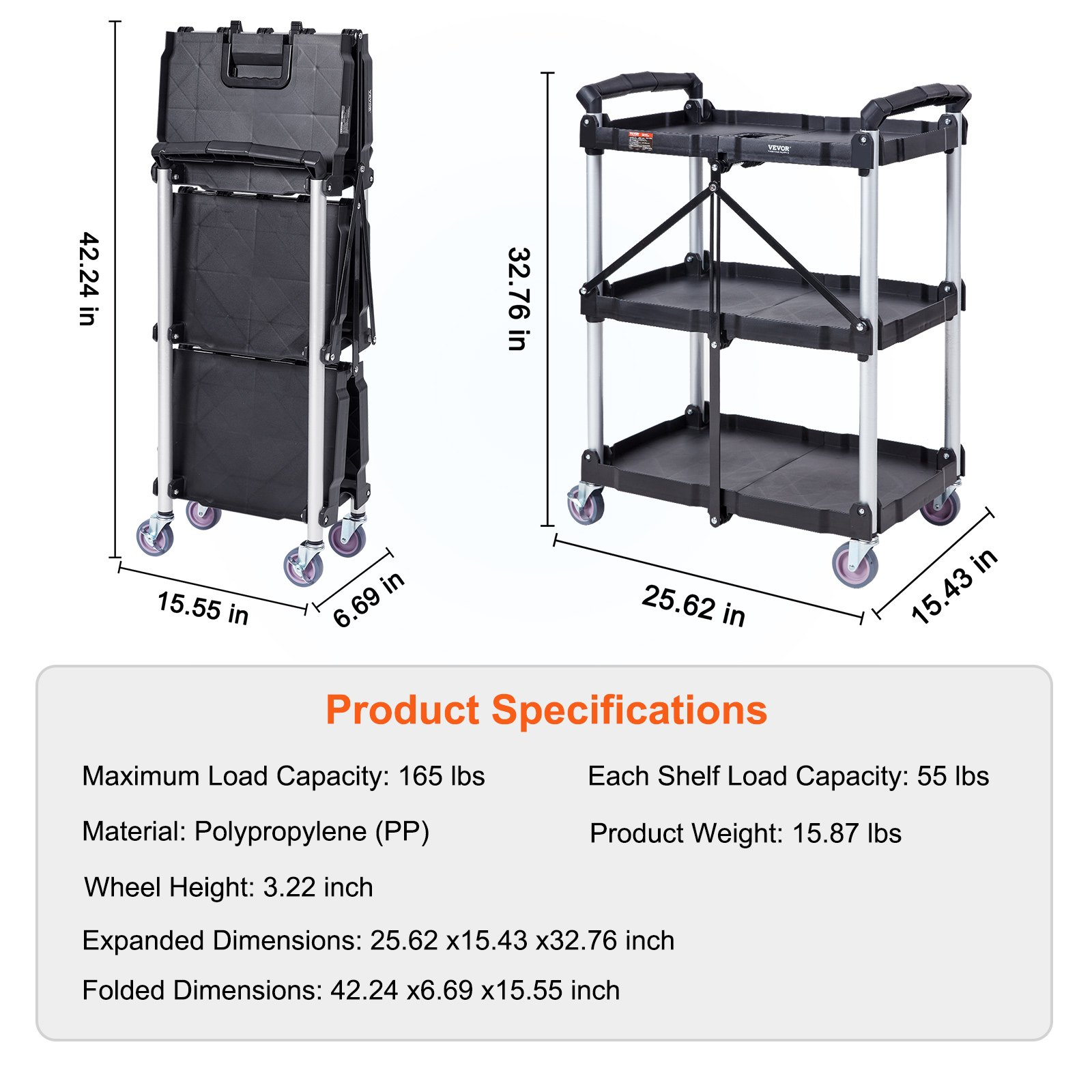 VEVOR Foldable Utility Service Cart, 3 Shelf 74.8 kg Heavy Duty Plastic Rolling Cart with Lockable Wheels, Ergonomic Handle, Portable Garage Tool Cart for Warehouse/Office/Home(65.1x39.2x83.2 cm)