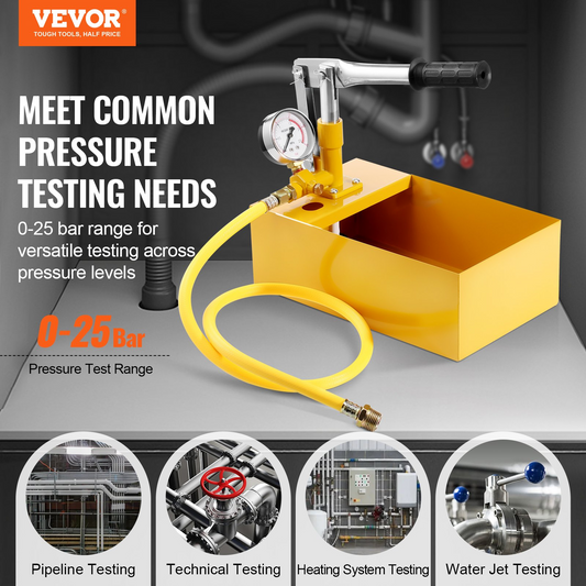 VEVOR Hydrostatic Test Pump, Max 25 bar/362 PSI, Single Valve Hydraulic Manual Water Pressure Tester Kit with Gauge 5L Water Tank, 1 m Hose with 1.27 cm External Thread Connector for Pipeline