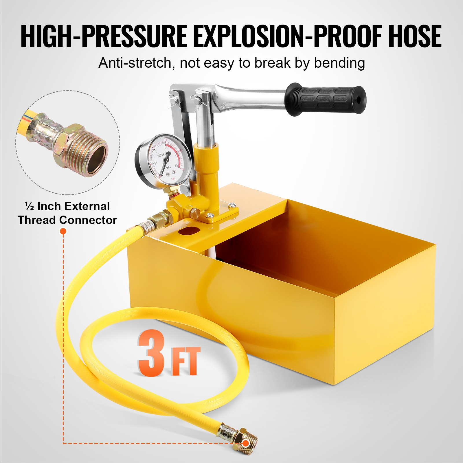 VEVOR Hydrostatic Test Pump, Max 25 bar/362 PSI, Single Valve Hydraulic Manual Water Pressure Tester Kit with Gauge 5L Water Tank, 1 m Hose with 1.27 cm External Thread Connector for Pipeline