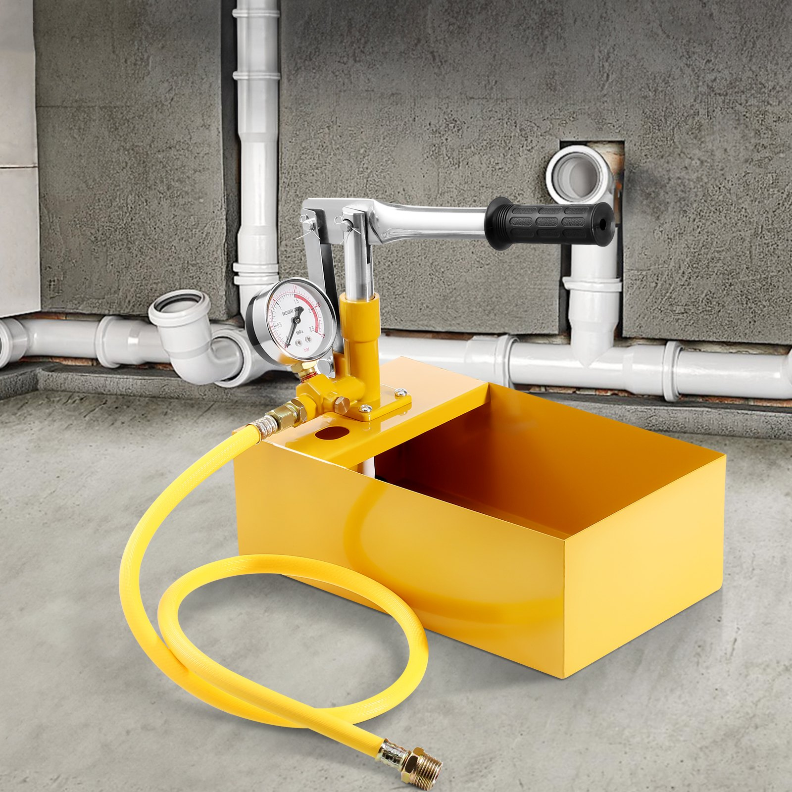 VEVOR Hydrostatic Test Pump, Max 25 bar/362 PSI, Single Valve Hydraulic Manual Water Pressure Tester Kit with Gauge 5L Water Tank, 1 m Hose with 1.27 cm External Thread Connector for Pipeline