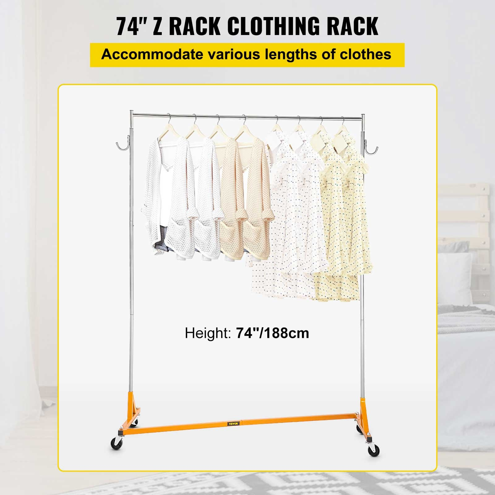 VEVOR Z Rack, Industrial Grade Z Base Garment Rack, Height Adjustable Rolling Z Garment Rack, Sturdy Steel Z Base Clothing Rack w/ Lockable Casters, for Home Clothing Store Display Orange (3 Sets)