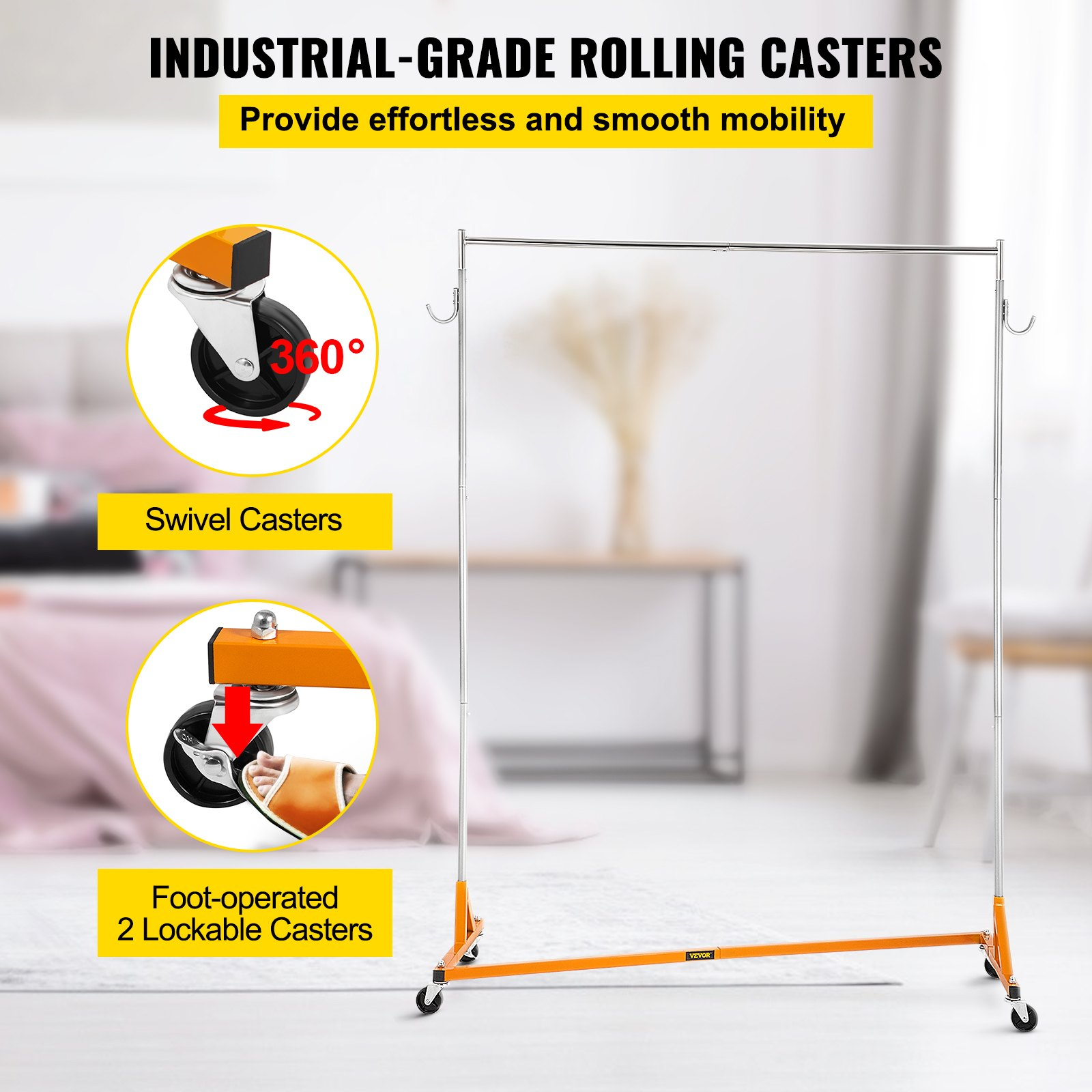 VEVOR Z Rack, Industrial Grade Z Base Garment Rack, Height Adjustable Rolling Z Garment Rack, Sturdy Steel Z Base Clothing Rack w/ Lockable Casters, for Home Clothing Store Display Orange (3 Sets)