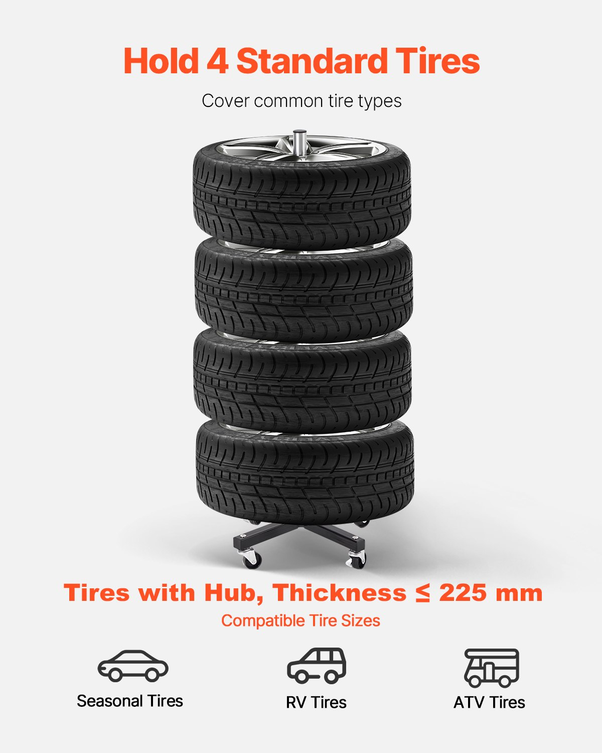 VEVOR Tire Rack for 4 Tires with Rim Mobile Tyre Stand Fit up to 225mm Wide Tire