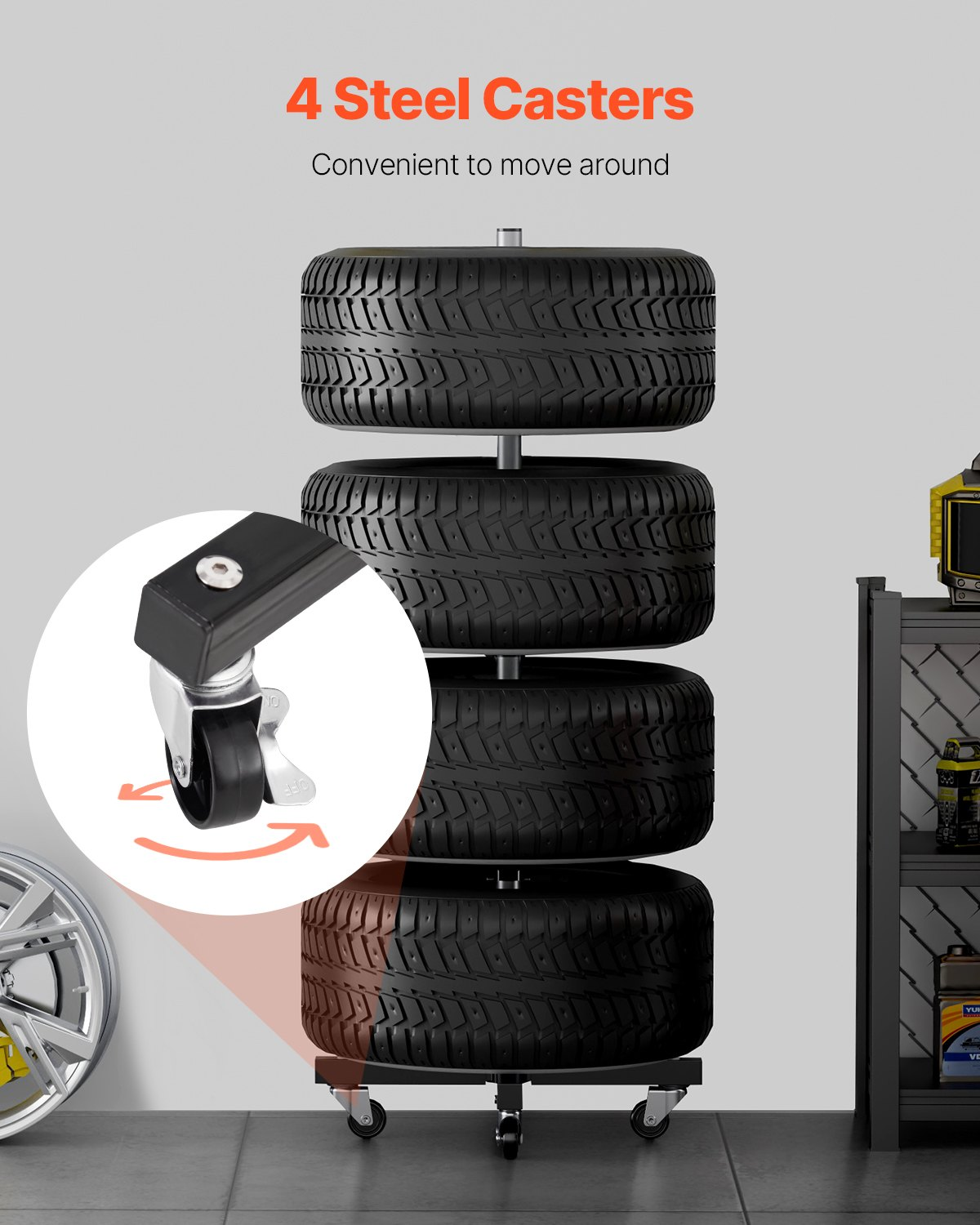 VEVOR Tire Rack for 4 Tires with Rim Mobile Tyre Stand Fit up to 225mm Wide Tire