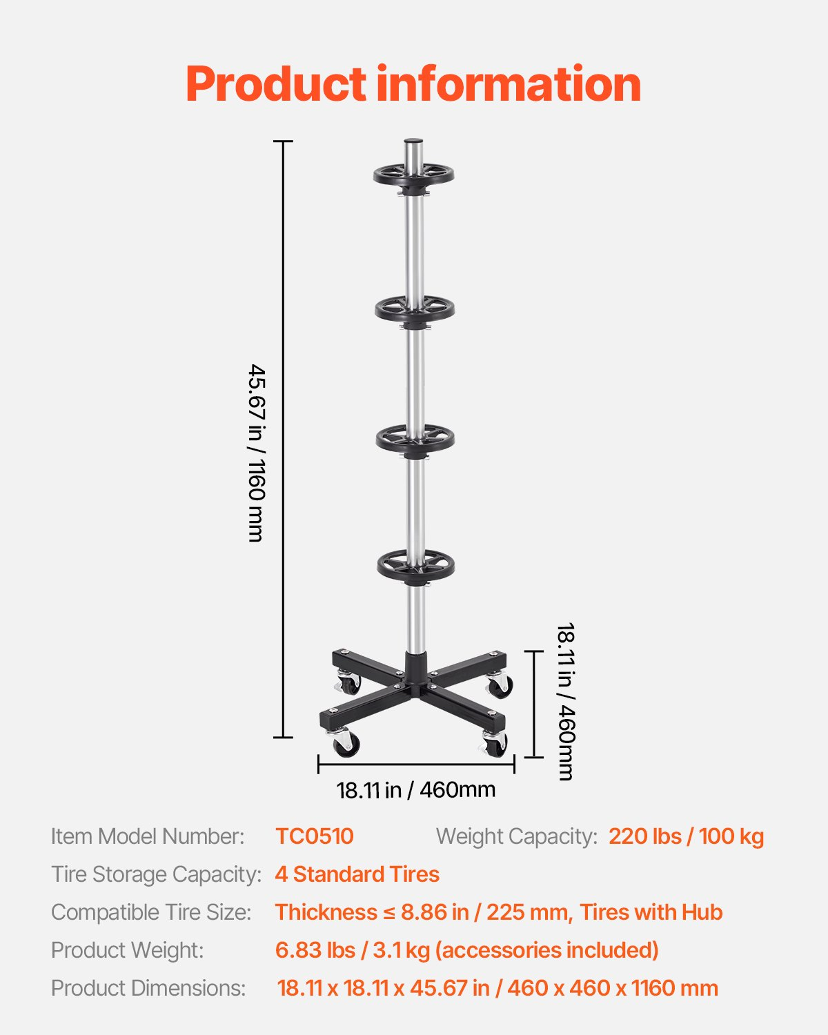 VEVOR Tire Rack for 4 Tires with Rim Mobile Tyre Stand Fit up to 225mm Wide Tire