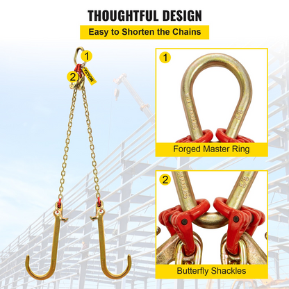 VEVOR V Bridle Chain, 8 mm x 60 cm Bridle Tow Chain, Grade 80 V-Bridle Transport Chain, 4898 kg Break Strength with TJ Hooks and Crab Hooks, Heavy Duty Pear Link Connector and Chain Shorteners