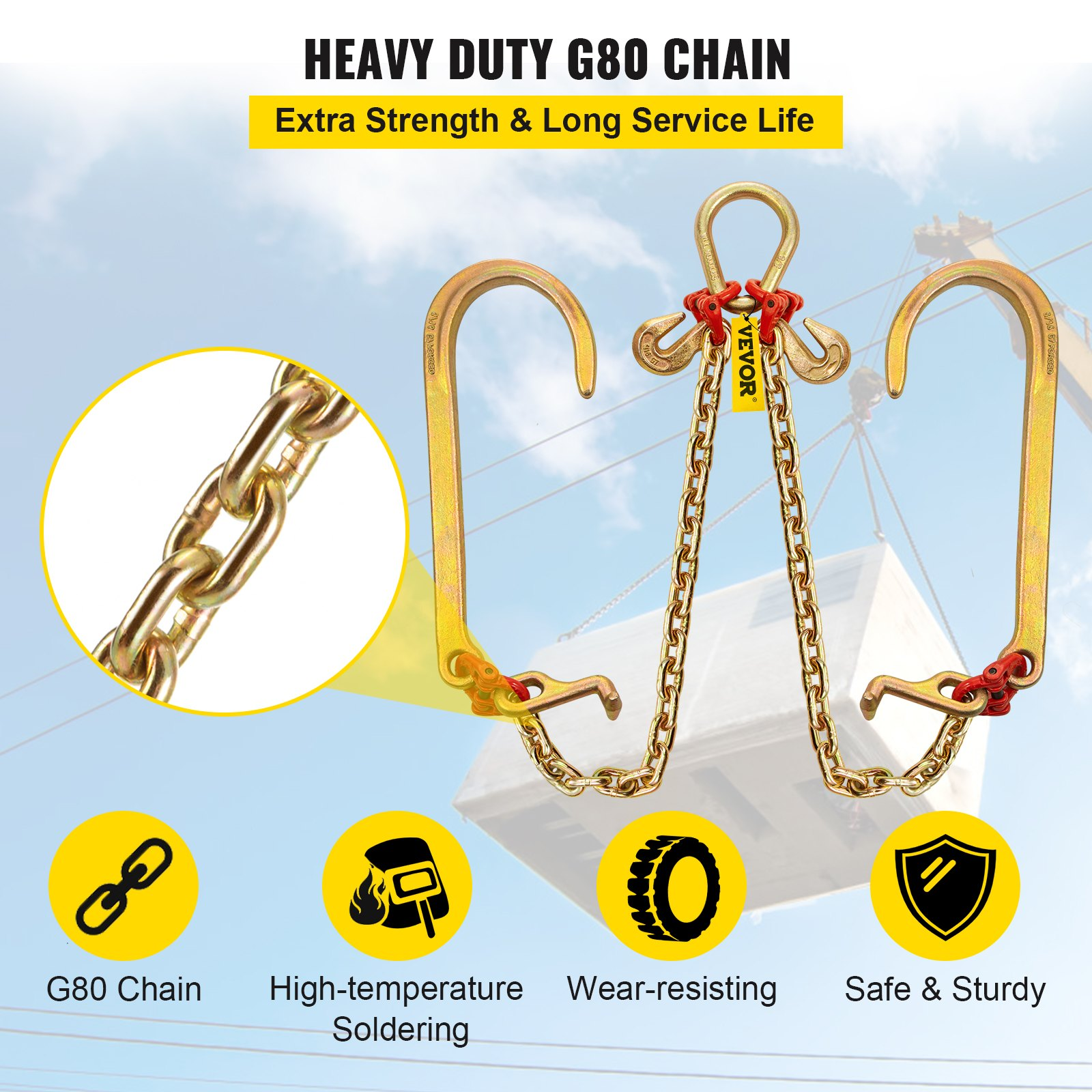 VEVOR V Bridle Chain, 8 mm x 60 cm Bridle Tow Chain, Grade 80 V-Bridle Transport Chain, 4898 kg Break Strength with TJ Hooks and Crab Hooks, Heavy Duty Pear Link Connector and Chain Shorteners