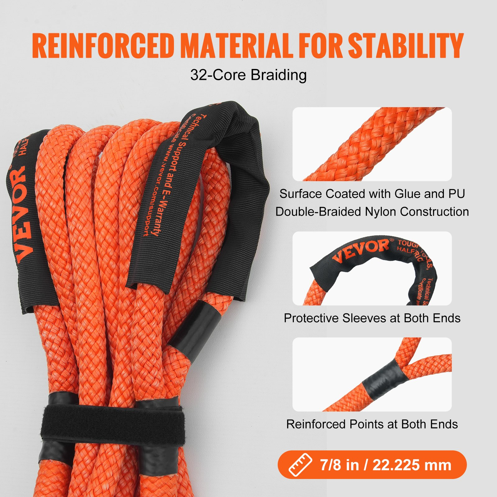 VEVOR 7/8" (2.2 cm) x 20'/6.1 m Kinetic Recovery Tow Rope 30,580 lbs/13,876.4 kg, Heavy-Duty Off Road Snatch Strap, Extreme Duty 30% Elasticity Energy Snatch Strap for Jeep Car Truck ATV UTV SUV Tractor