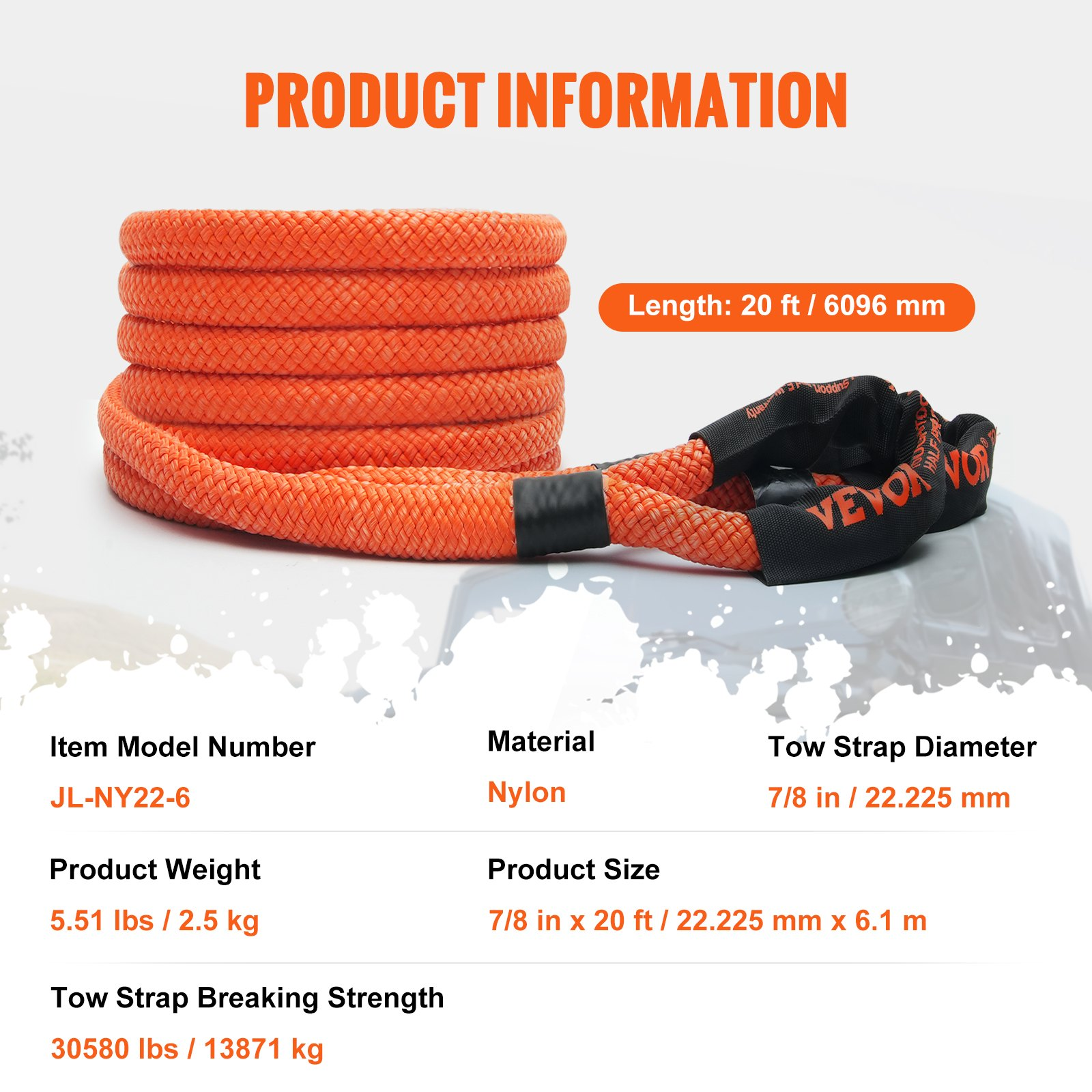 VEVOR 7/8" (2.2 cm) x 20'/6.1 m Kinetic Recovery Tow Rope 30,580 lbs/13,876.4 kg, Heavy-Duty Off Road Snatch Strap, Extreme Duty 30% Elasticity Energy Snatch Strap for Jeep Car Truck ATV UTV SUV Tractor