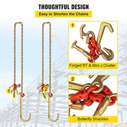 VEVOR 2PCS 5/16"x10' G80 Tow Chain 15" J Hook Long Shank RTJ & Grab Hook Wrecker