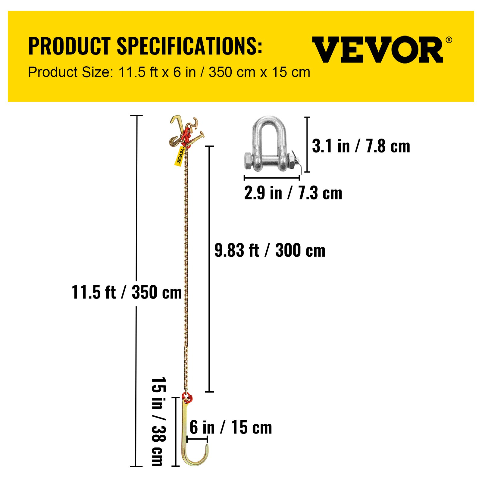 VEVOR 2PCS 5/16"x10' G80 Tow Chain 15" J Hook Long Shank RTJ & Grab Hook Wrecker