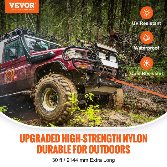 VEVOR 7/8" (2.2 cm) x 30'/9.1 m Kinetic Recovery Tow Rope 30,580 lbs/13,876.4 kg, Heavy-Duty Off Road Snatch Strap with 2 Soft Shackles (41,750 lbs/18,927.5 kg) Extreme Duty 30% Elasticity Energy Snatch Strap Jeep Car Truck ATV UTV SUV Tractor
