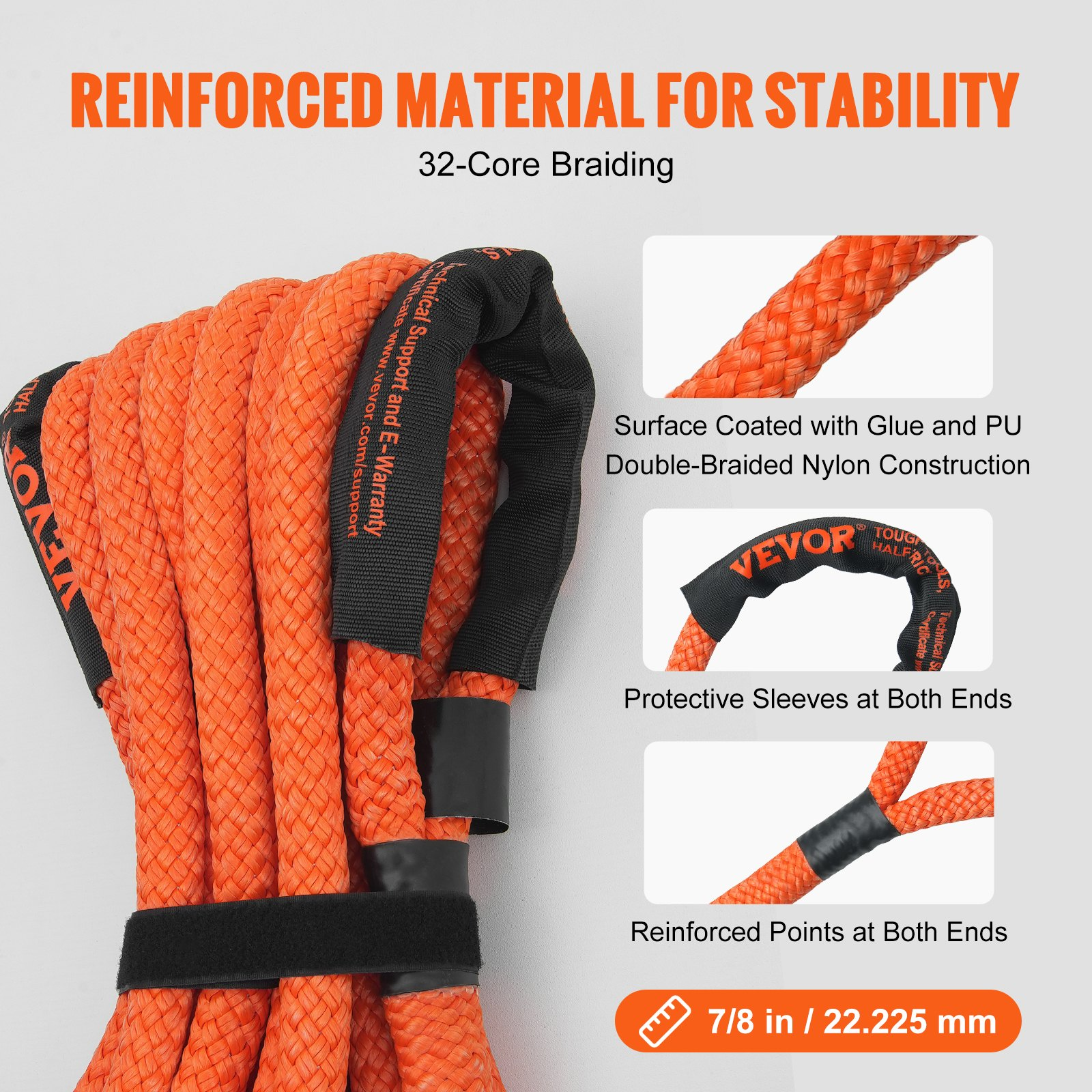 VEVOR 7/8" (2.2 cm) x 30'/9.1 m Kinetic Recovery Tow Rope 30,580 lbs/13,876.4 kg, Heavy-Duty Off Road Snatch Strap with 2 Soft Shackles (41,750 lbs/18,927.5 kg) Extreme Duty 30% Elasticity Energy Snatch Strap Jeep Car Truck ATV UTV SUV Tractor