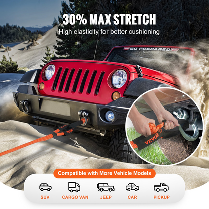 VEVOR 7/8" (2.2 cm) x 30'/9.1 m Kinetic Recovery Tow Rope 30,580 lbs/13,876.4 kg, Heavy-Duty Off Road Snatch Strap with 2 Soft Shackles (41,750 lbs/18,927.5 kg) Extreme Duty 30% Elasticity Energy Snatch Strap Jeep Car Truck ATV UTV SUV Tractor