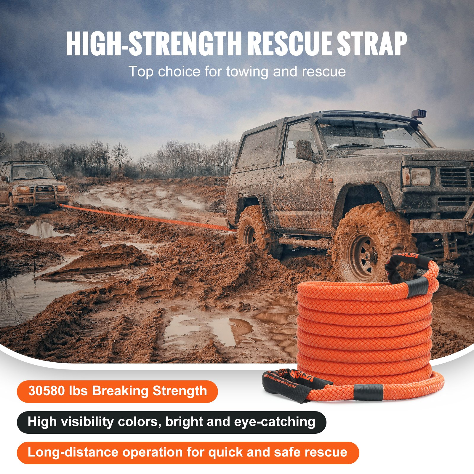 VEVOR 7/8" (2.2 cm) x 30'/9.1 m Kinetic Recovery Tow Rope 30,580 lbs/13,876.4 kg, Heavy-Duty Off Road Snatch Strap with 2 Soft Shackles (41,750 lbs/18,927.5 kg) Extreme Duty 30% Elasticity Energy Snatch Strap Jeep Car Truck ATV UTV SUV Tractor