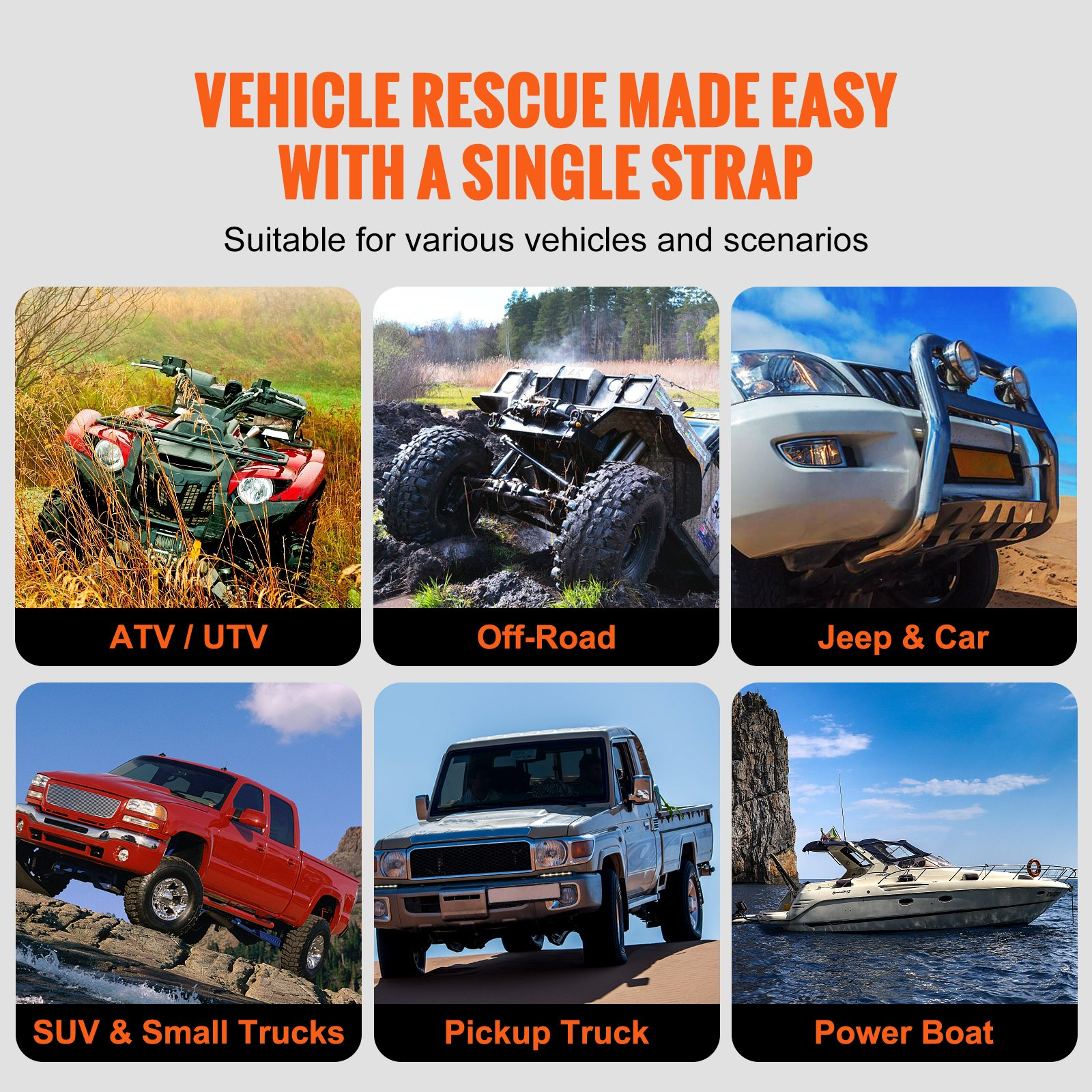 VEVOR 7/8" (2.2 cm) x 30'/9.1 m Kinetic Recovery Tow Rope 30,580 lbs/13,876.4 kg, Heavy-Duty Off Road Snatch Strap with 2 Soft Shackles (41,750 lbs/18,927.5 kg) Extreme Duty 30% Elasticity Energy Snatch Strap Jeep Car Truck ATV UTV SUV Tractor