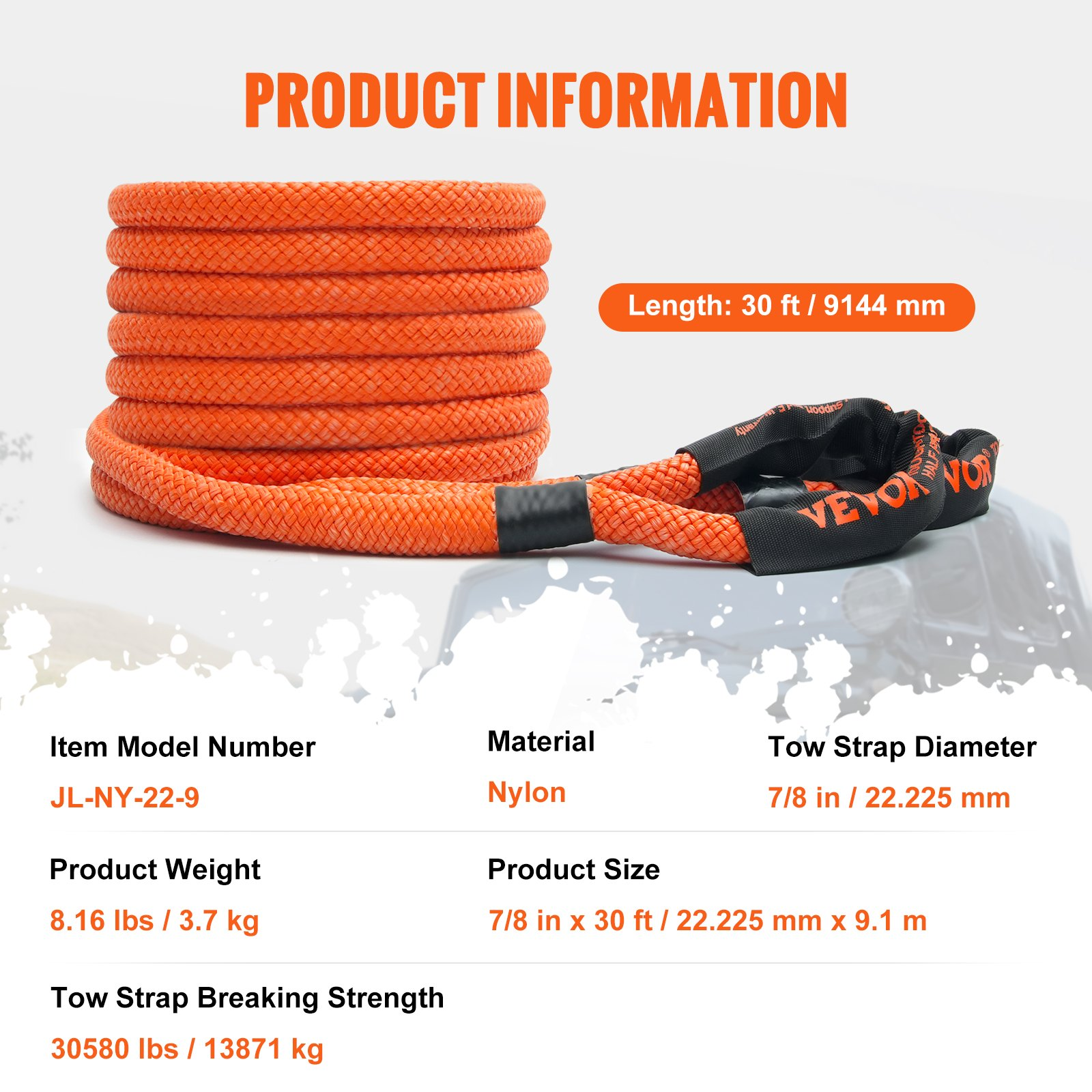 VEVOR 7/8" (2.2 cm) x 30'/9.1 m Kinetic Recovery Tow Rope 30,580 lbs/13,876.4 kg, Heavy-Duty Off Road Snatch Strap with 2 Soft Shackles (41,750 lbs/18,927.5 kg) Extreme Duty 30% Elasticity Energy Snatch Strap Jeep Car Truck ATV UTV SUV Tractor