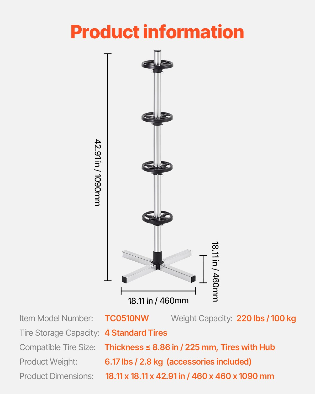 VEVOR Tire Rack for 4 Tires with Rim Tyre Stand Holder Fit up to 225mm Wide Tire