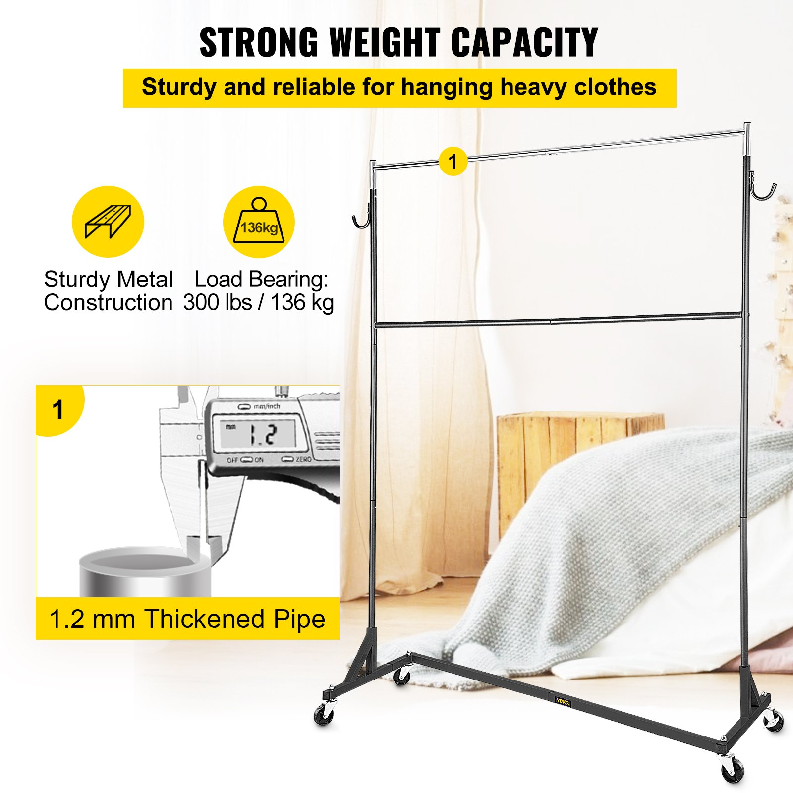 VEVOR Z Rack, Industrial Grade Z Base Garment Rack, Height Adjustable Rolling Z Garment Rack, Sturdy Steel Z Base Clothing Rack w/ Lockable Casters, for Home Clothing Store w/ Add-on Hang Rail Black