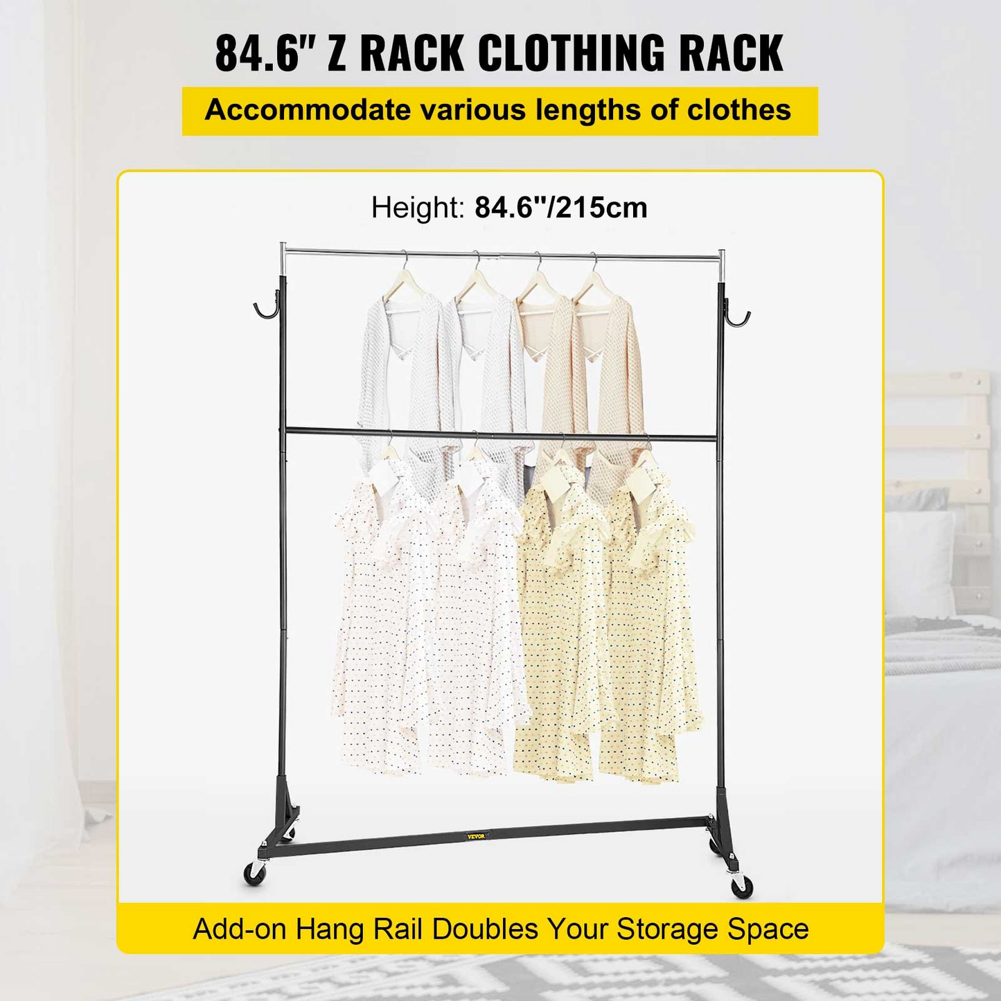 VEVOR Z Rack, Industrial Grade Z Base Garment Rack, Height Adjustable Rolling Z Garment Rack, Sturdy Steel Z Base Clothing Rack w/ Lockable Casters, for Home Clothing Store w/ Add-on Hang Rail Black
