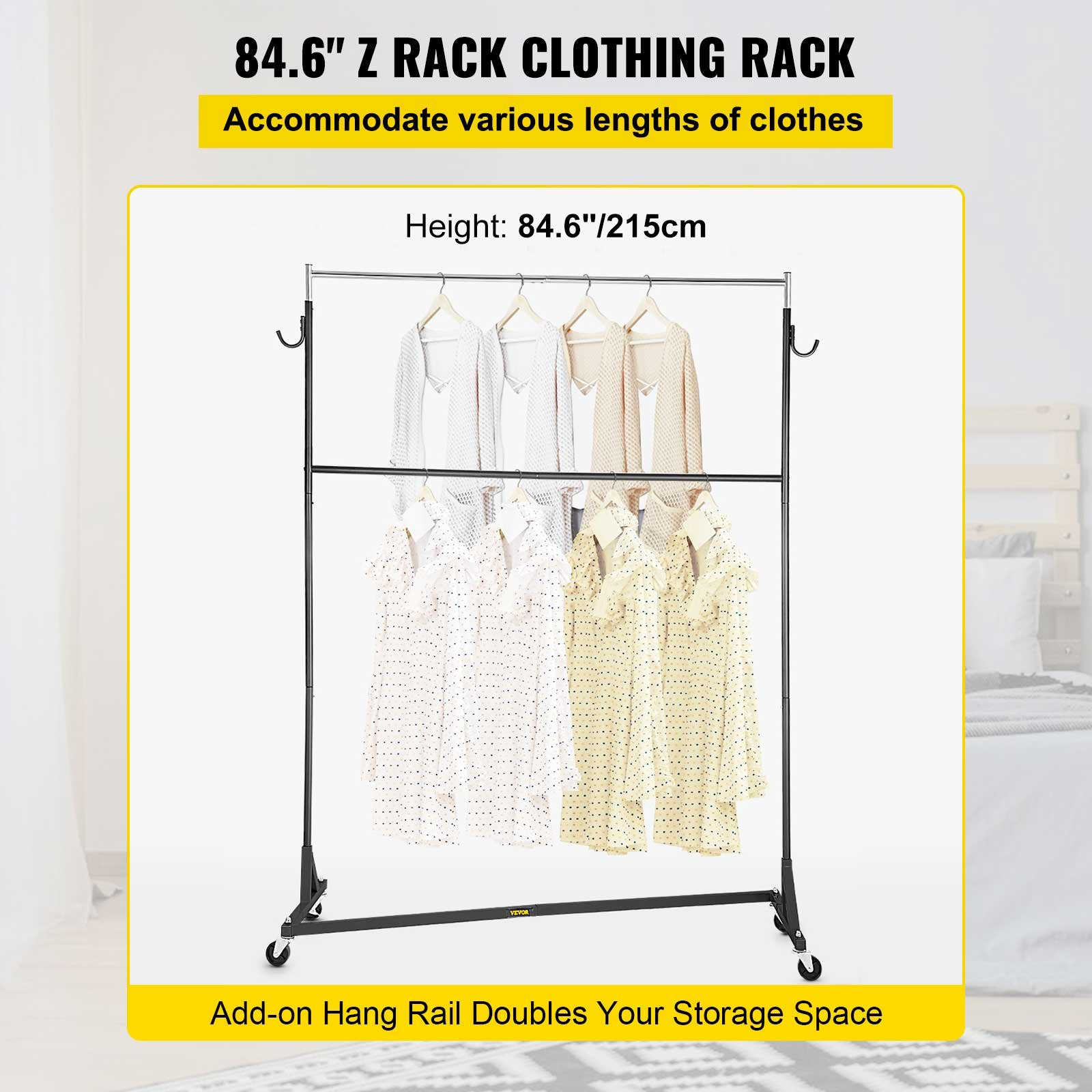 VEVOR Z Rack, Industrial Grade Z Base Garment Rack, Height Adjustable Rolling Z Garment Rack, Sturdy Steel Z Base Clothing Rack w/ Lockable Casters, for Home Clothing Store w/ Add-on Hang Rail Black