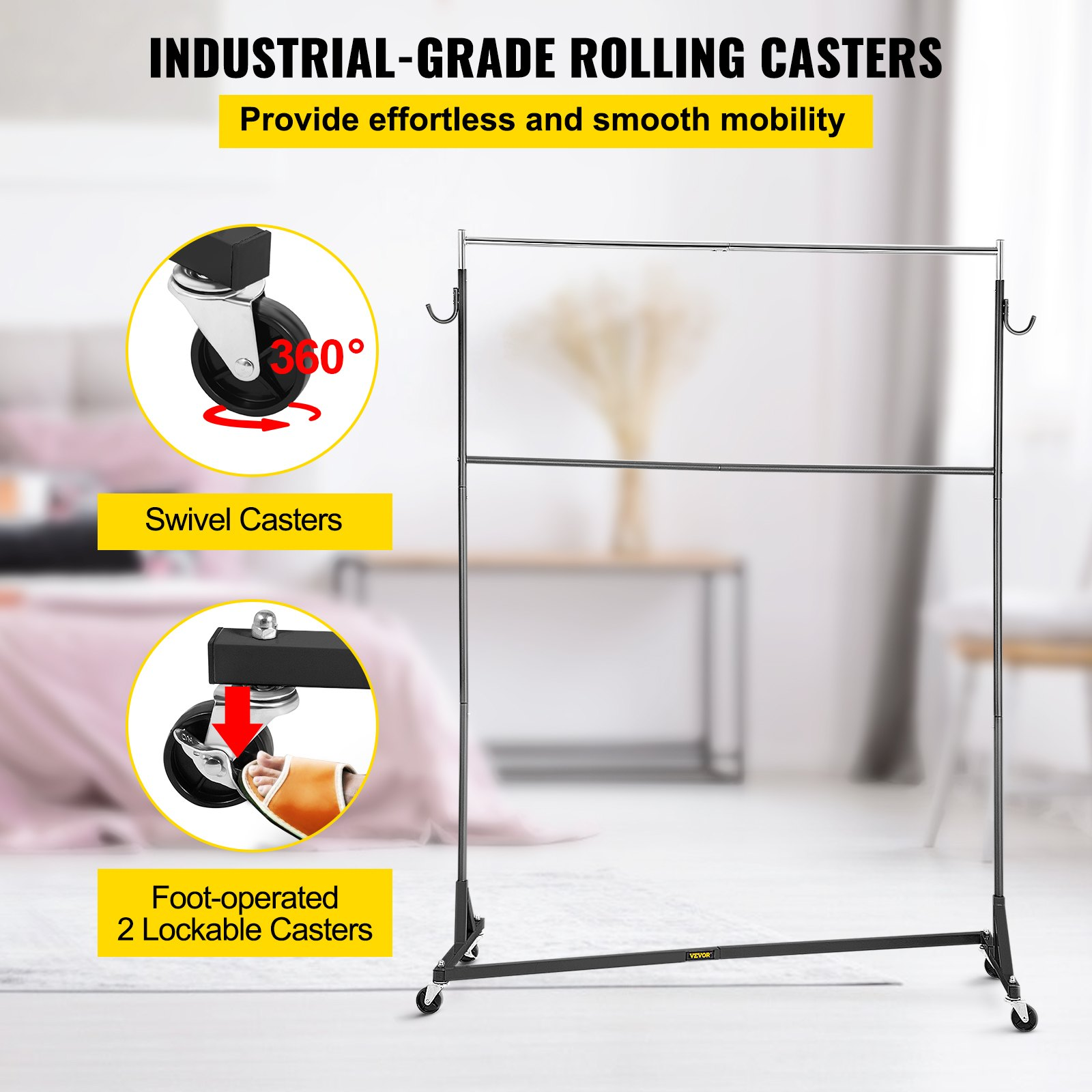 VEVOR Z Rack, Industrial Grade Z Base Garment Rack, Height Adjustable Rolling Z Garment Rack, Sturdy Steel Z Base Clothing Rack w/ Lockable Casters, for Home Clothing Store w/ Add-on Hang Rail Black