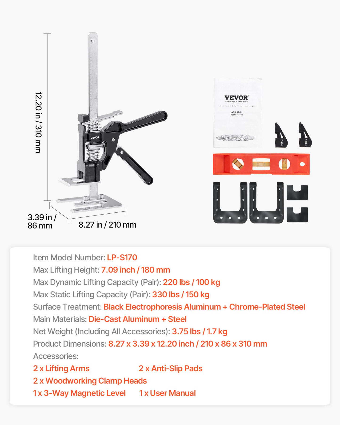 VEVOR Labor Saving Arm Jack 2 PCS 150kg Bearing Capacity Lifting to 180mm Black