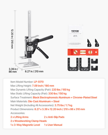 VEVOR Labor Saving Arm Jack 2 PCS 150kg Bearing Capacity Lifting to 180mm Black
