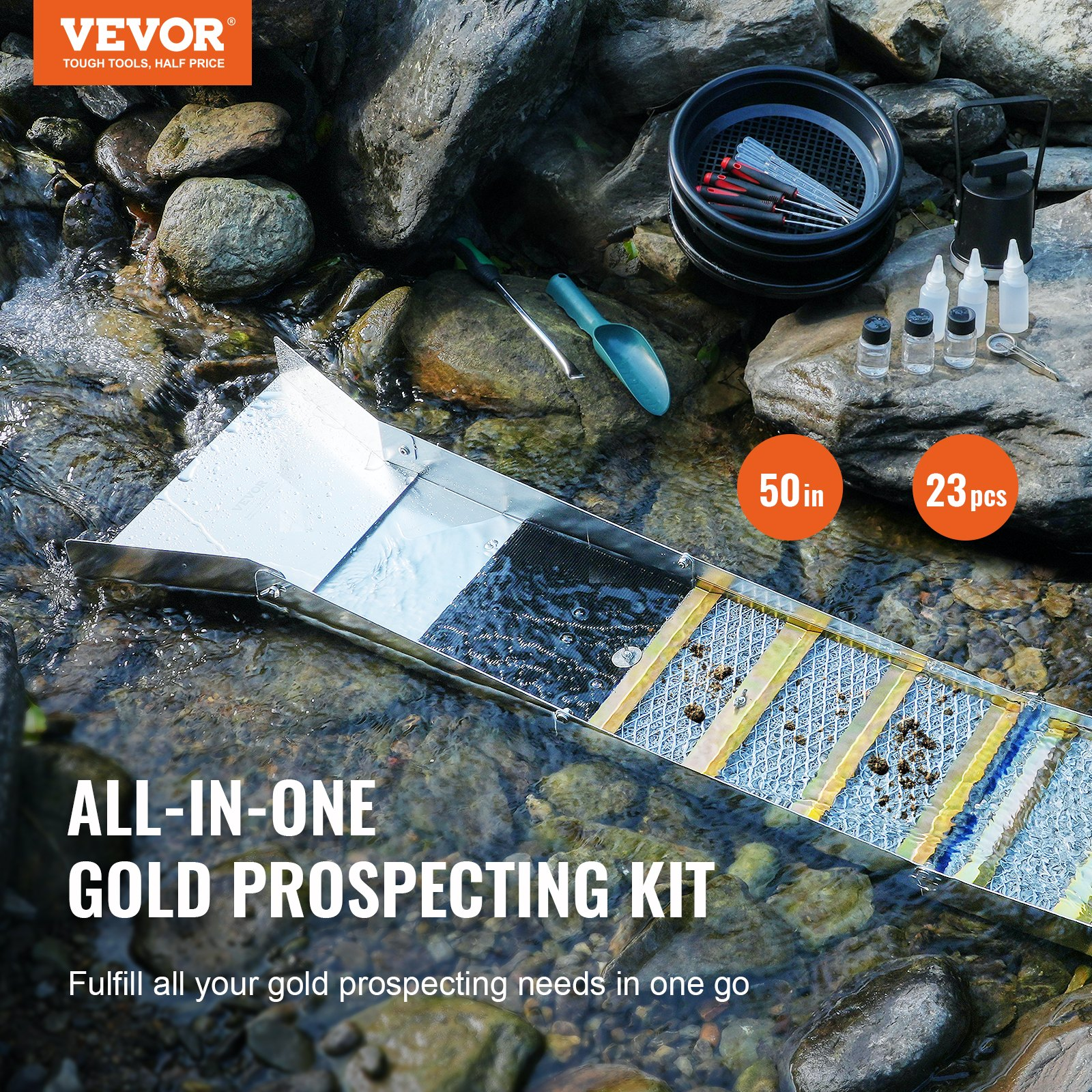 VEVOR Gold Panning Kit With Sluice Box, 127 cm Aluminum Gold Mining Equipment, 23 PCS Gold Prospecting Kit with Gold Pan, Classifier Screen, Separating Magnet, Drawstring Backpack and Accessories