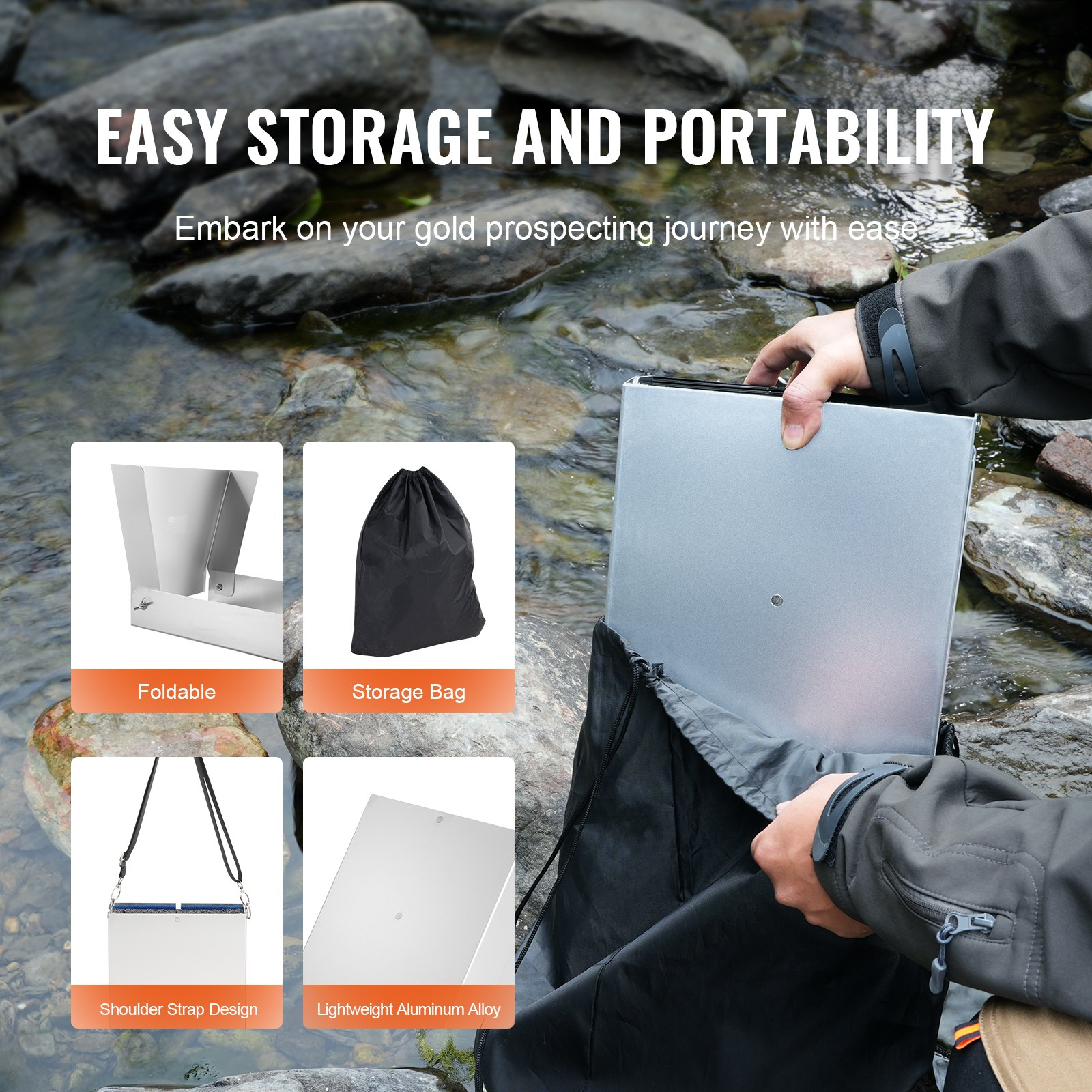 VEVOR Gold Panning Kit With Sluice Box, 127 cm Aluminum Gold Mining Equipment, 23 PCS Gold Prospecting Kit with Gold Pan, Classifier Screen, Separating Magnet, Drawstring Backpack and Accessories