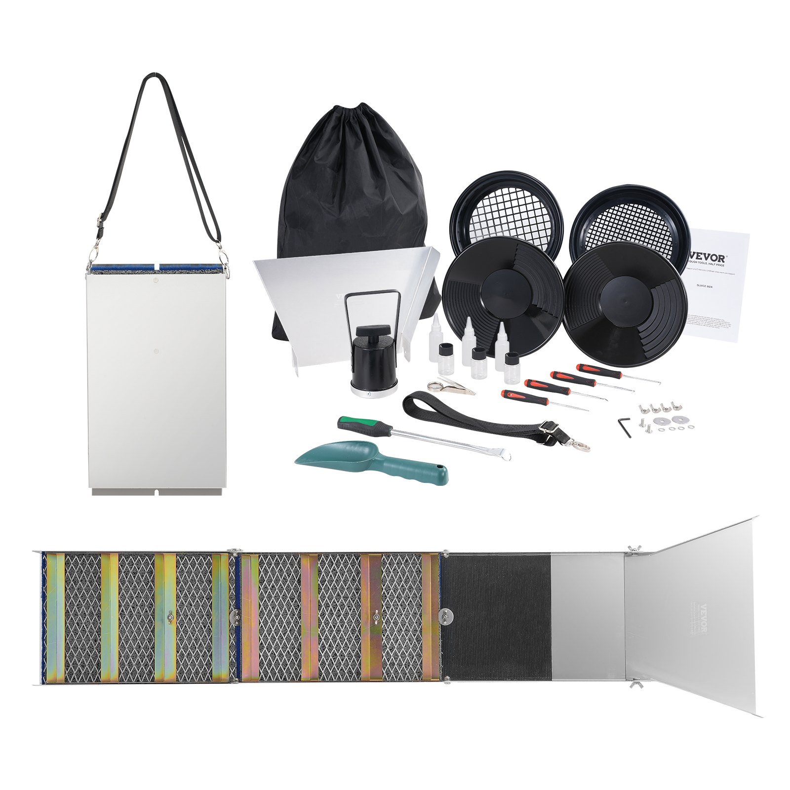 VEVOR Gold Panning Kit With Sluice Box, 127 cm Aluminum Gold Mining Equipment, 23 PCS Gold Prospecting Kit with Gold Pan, Classifier Screen, Separating Magnet, Drawstring Backpack and Accessories