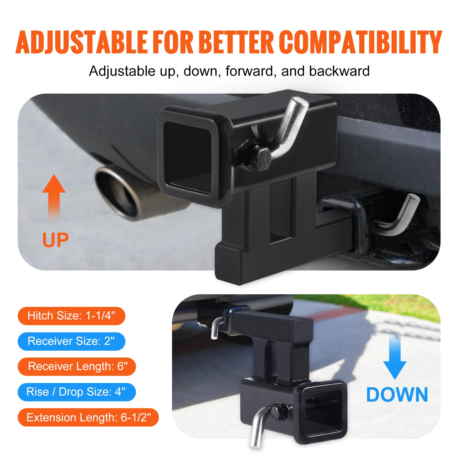 VEVOR Hitch Adapter, 1-1/4" to 2" Receiver Hitch Extender Extension, Trailer Hitch Riser with 4" Rise/Drop, 6-1/2" Extension Length, 4000 lbs Towing Capacity, Hitch Pins, Bolt and Nut Included, Black