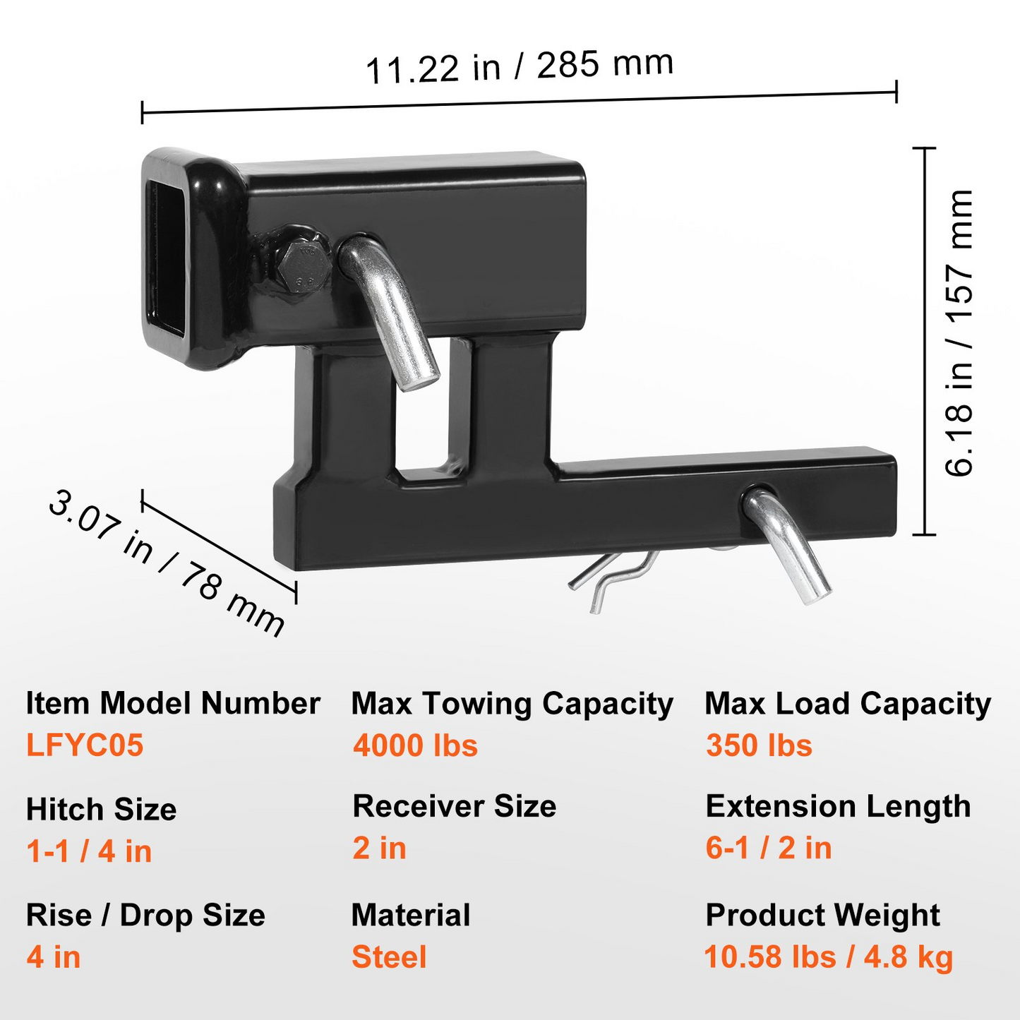 VEVOR Hitch Adapter, 1-1/4" to 2" Receiver Hitch Extender Extension, Trailer Hitch Riser with 4" Rise/Drop, 6-1/2" Extension Length, 4000 lbs Towing Capacity, Hitch Pins, Bolt and Nut Included, Black