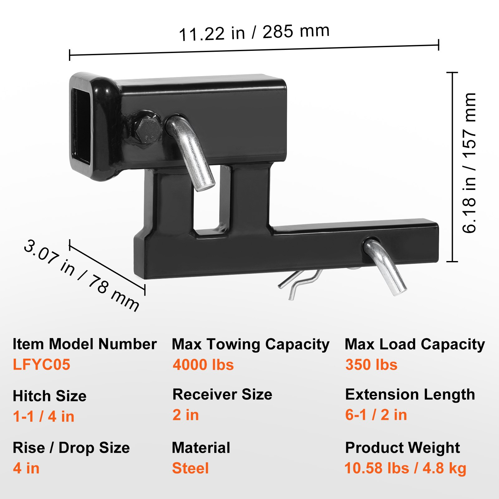 VEVOR Hitch Adapter, 1-1/4" to 2" Receiver Hitch Extender Extension, Trailer Hitch Riser with 4" Rise/Drop, 6-1/2" Extension Length, 4000 lbs Towing Capacity, Hitch Pins, Bolt and Nut Included, Black