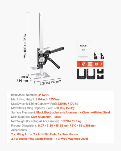 VEVOR Labor Saving Arm Jack 2 PCS 150kg Bearing Capacity Lifting to 250mm Black