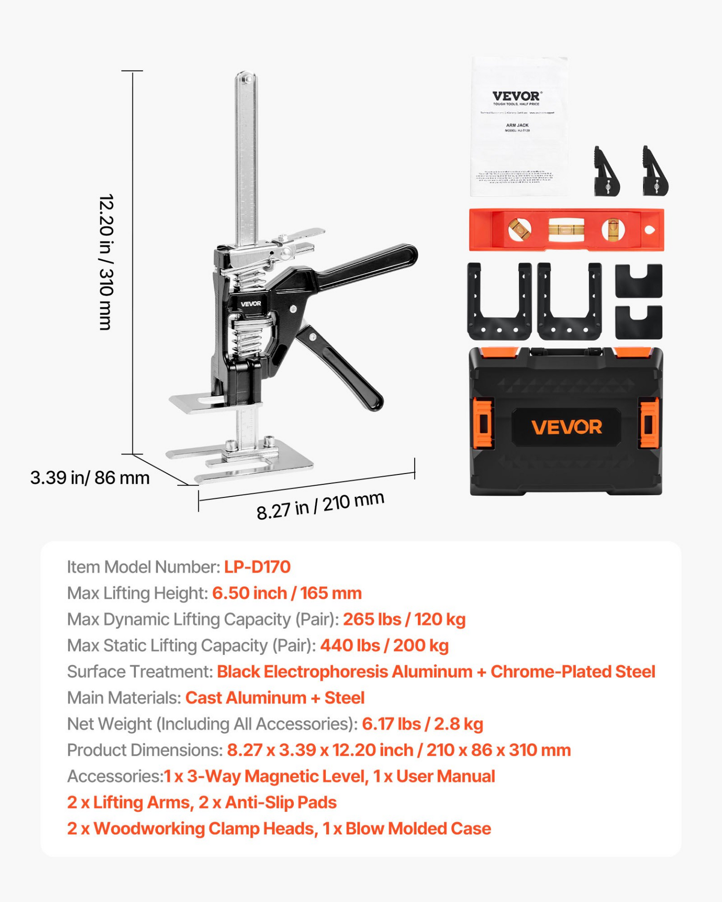 VEVOR Labor Saving Arm Jack 2 PCS 200kg Capacity 2 Modes Lifting to 165mm Black