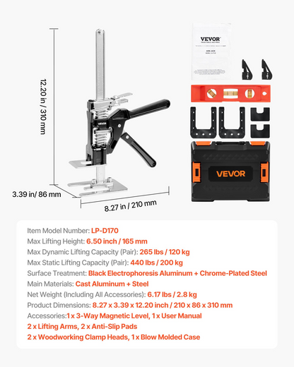 VEVOR Labor Saving Arm Jack 2 PCS 200kg Capacity 2 Modes Lifting to 165mm Black