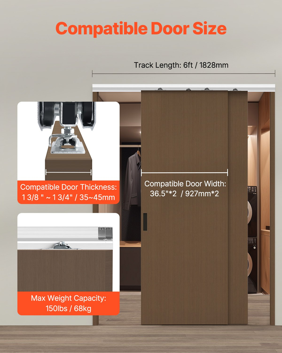 VEVOR Bypass Door Hardware 6ft Bypass Closet Door Track Kit for 2 Door System