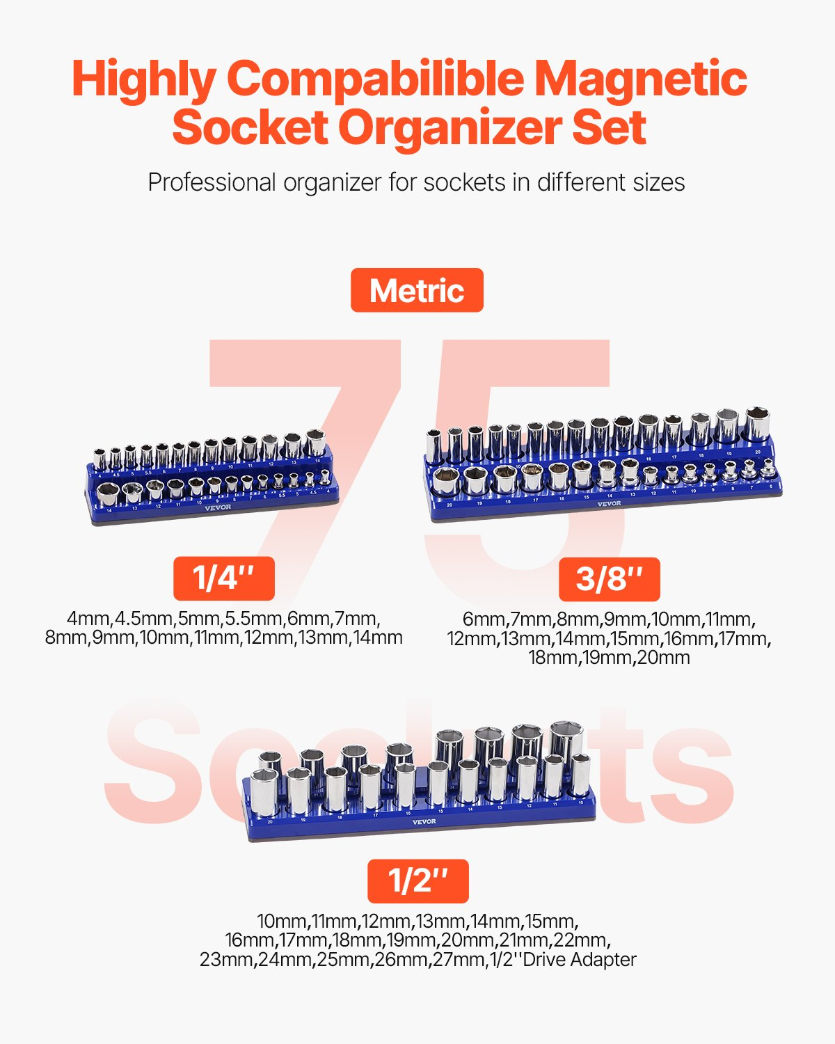 VEVOR Magnetic Socket Organizer Set 3PCS Magnetic Socket Trays Blue for Metric