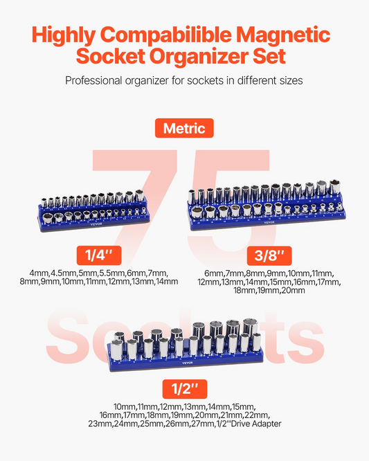 VEVOR Magnetic Socket Organizer Set 3PCS Magnetic Socket Trays Blue for Metric
