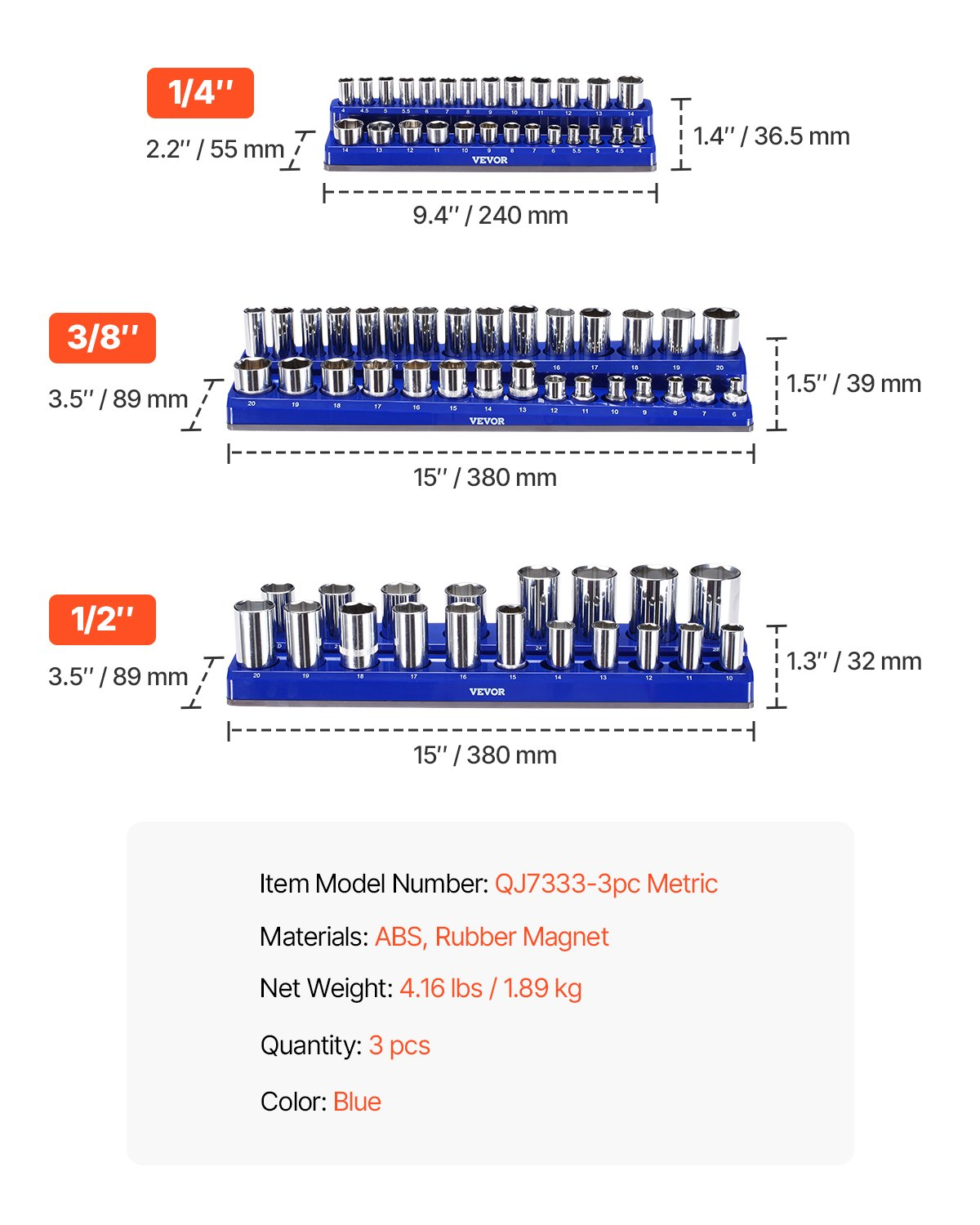 VEVOR Magnetic Socket Organizer Set 3PCS Magnetic Socket Trays Blue for Metric