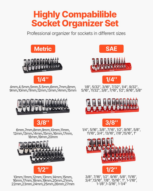VEVOR Socket Organizer Set 8PCS High-Rod Socket Tray Black & Red for Metric SAE