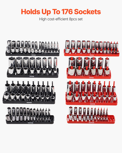 VEVOR Socket Organizer Set 8PCS High-Rod Socket Tray Black & Red for Metric SAE