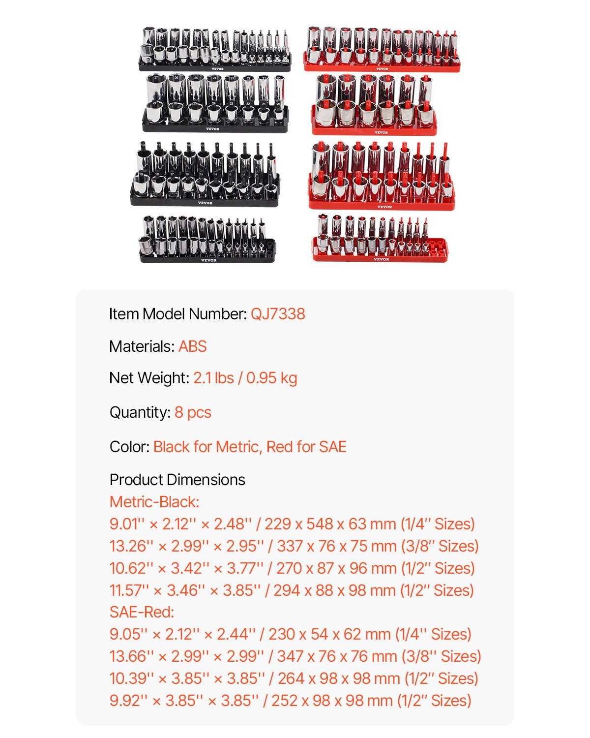 VEVOR Socket Organizer Set 8PCS High-Rod Socket Tray Black & Red for Metric SAE