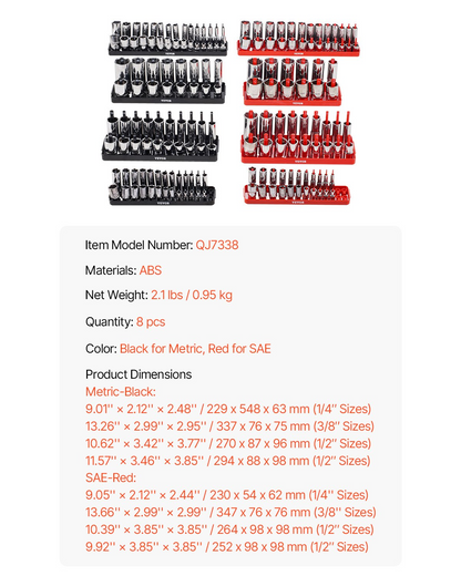 VEVOR Socket Organizer Set 8PCS High-Rod Socket Tray Black & Red for Metric SAE