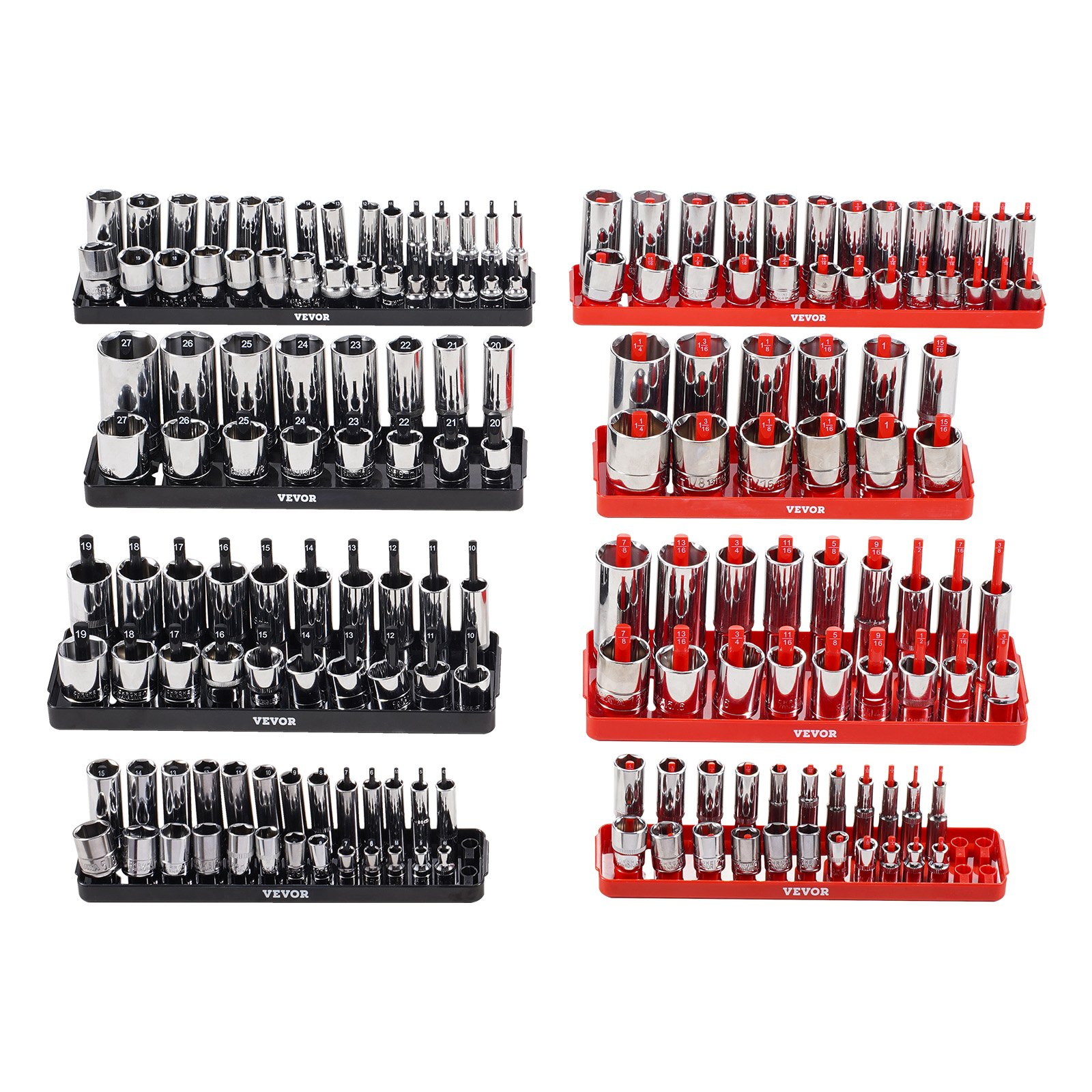 VEVOR Socket Organizer Set 8PCS High-Rod Socket Tray Black & Red for Metric SAE